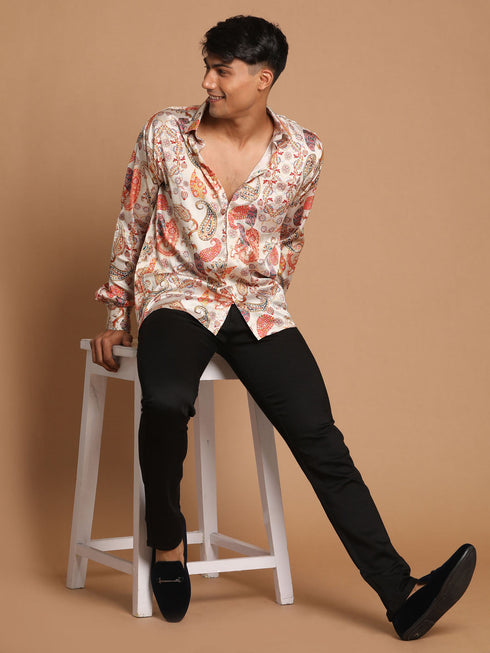 Men's Beige Cotton Silk Blend Printed Shirt